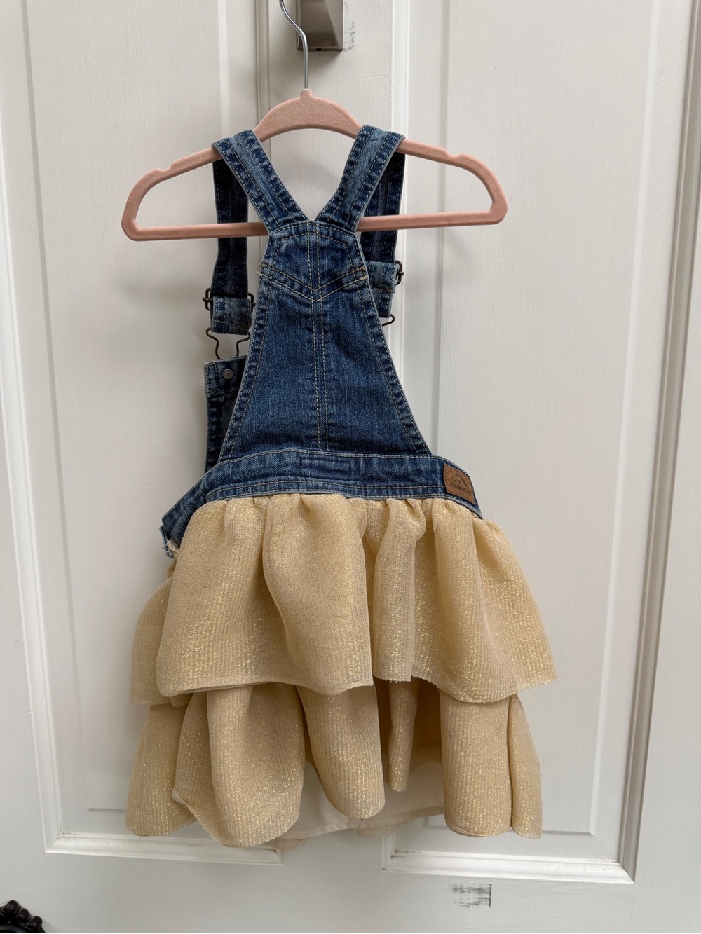 Jordache 5T Girls Denim Overalls with Shimmering Gold Tiered Skirt Jumper - Picture 6 of 7